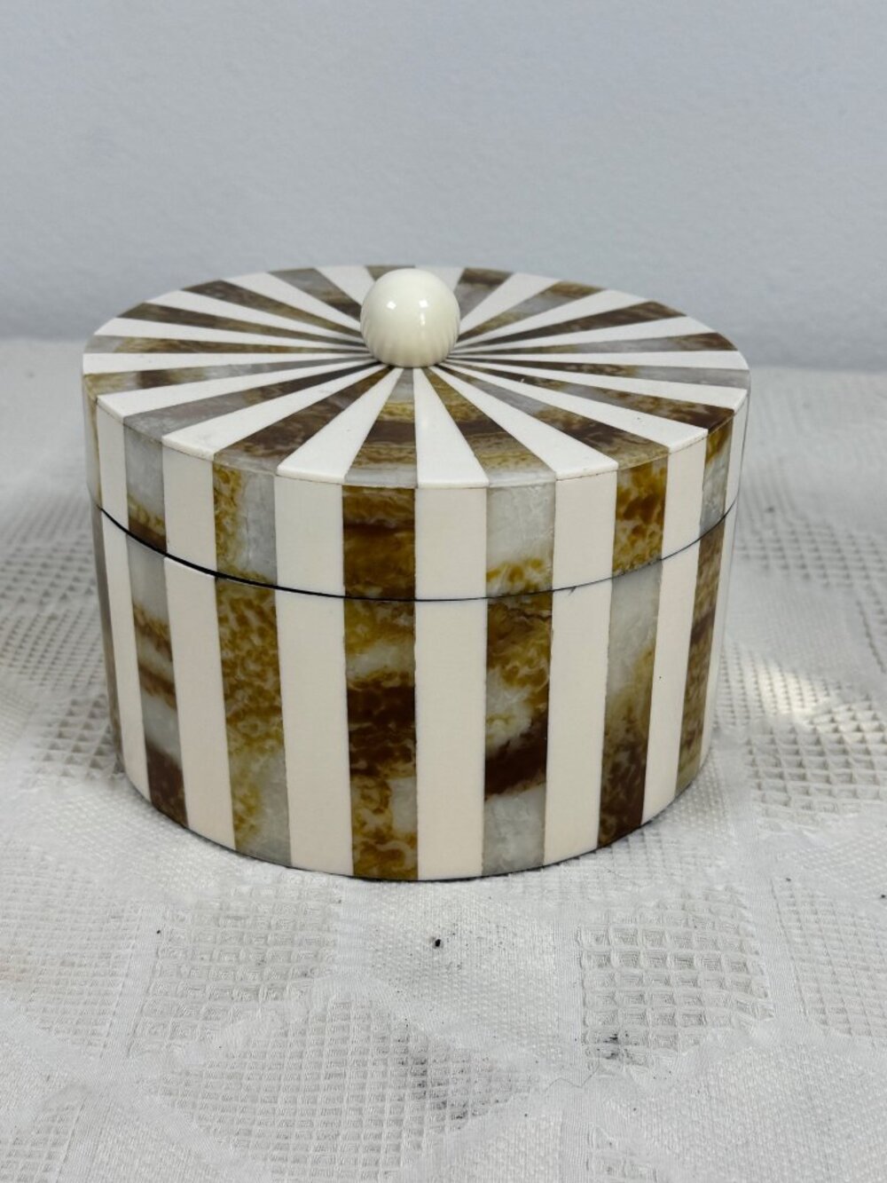 Striped Round Decorative Box w Lid Brown White Acrylic Design Modern Storage NEW